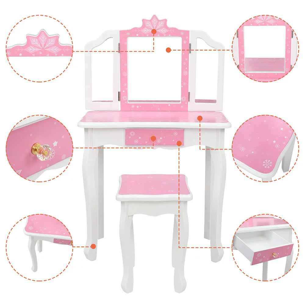 Kids Vanity Table and Chair Set with Mirror and Drawer W131