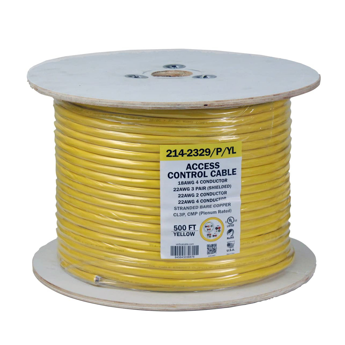 22AWG/3 Pair Shielded + 18AWG/4 Conductor + 22AWG/4 Conductor + 22AWG/2 Conductor Stranded Bare Copper Cable, 500ft, Yellow P56019