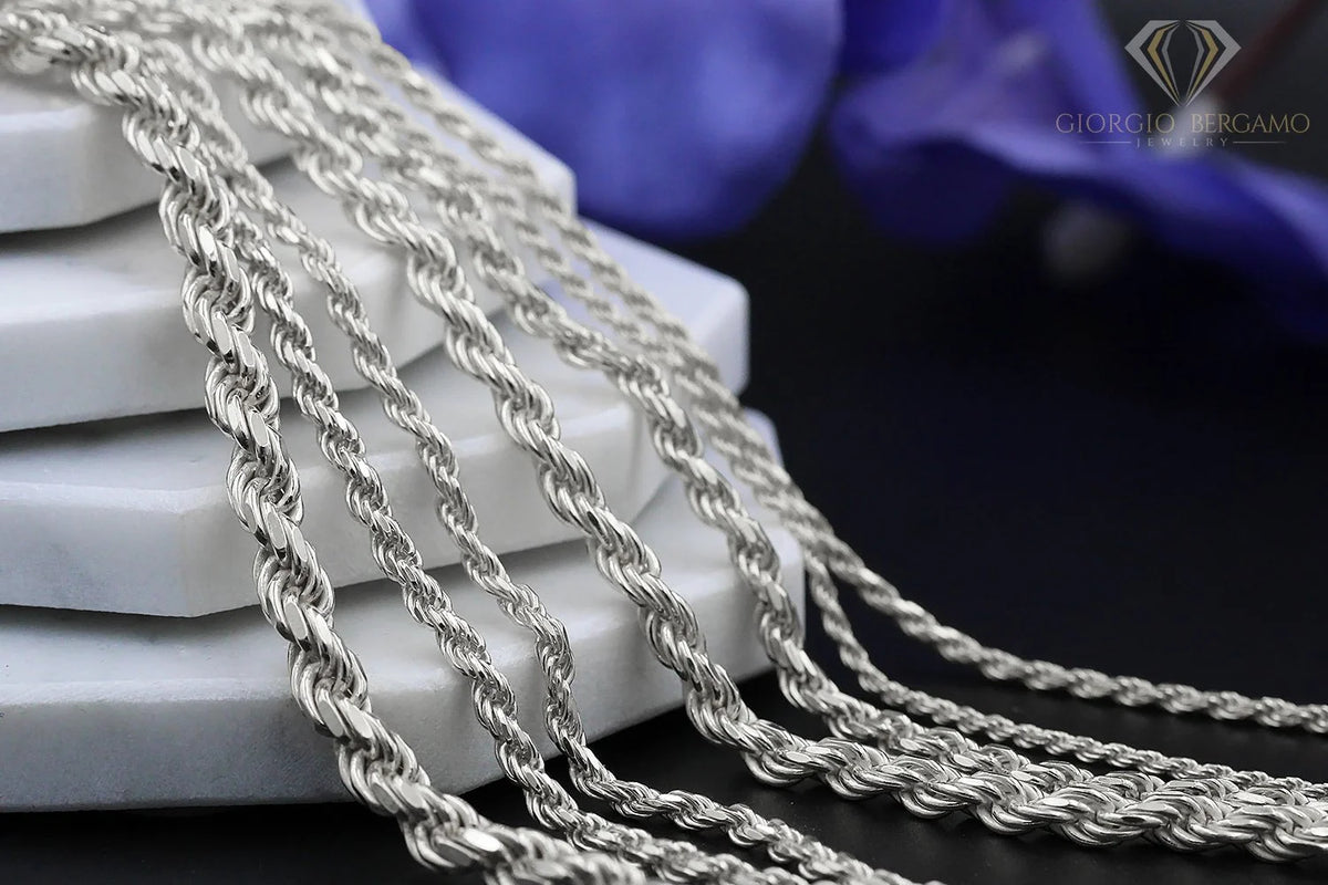 925 Italian Sterling Silver 2mm Solid Rope Diamond Cut Chain Necklace B9088