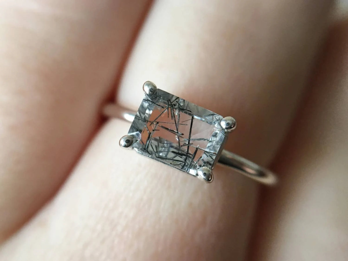 Black Rutilated Quartz Emerald Cut Ring S730