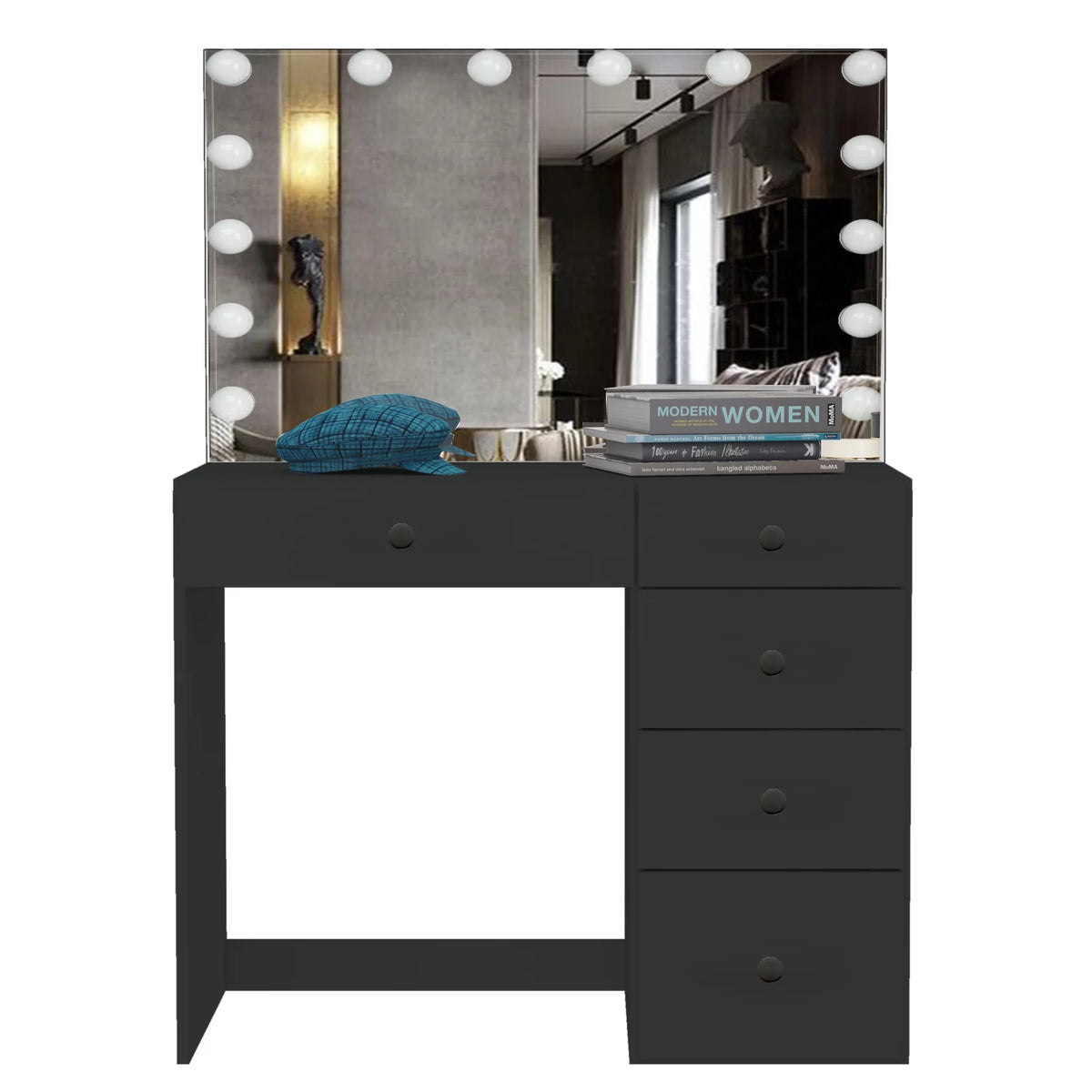 Black Makeup Vanity Table with 5 Drawers C7646