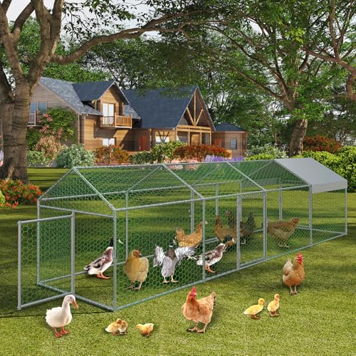 Metal Chicken Coop with Waterproof Cover, 120" x40" x40" Large Chicken Run with 3 Doors, Silver Z41843
