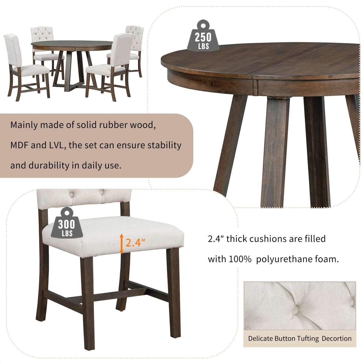 5-Piece Round Dining Set with 4 Upholstered Chairs N84952