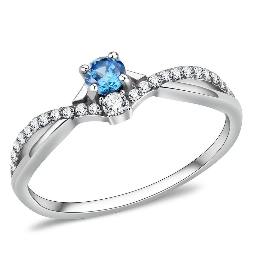 Stainless Steel Pave Engagement Ring with Sea Blue - Size 5 I8734