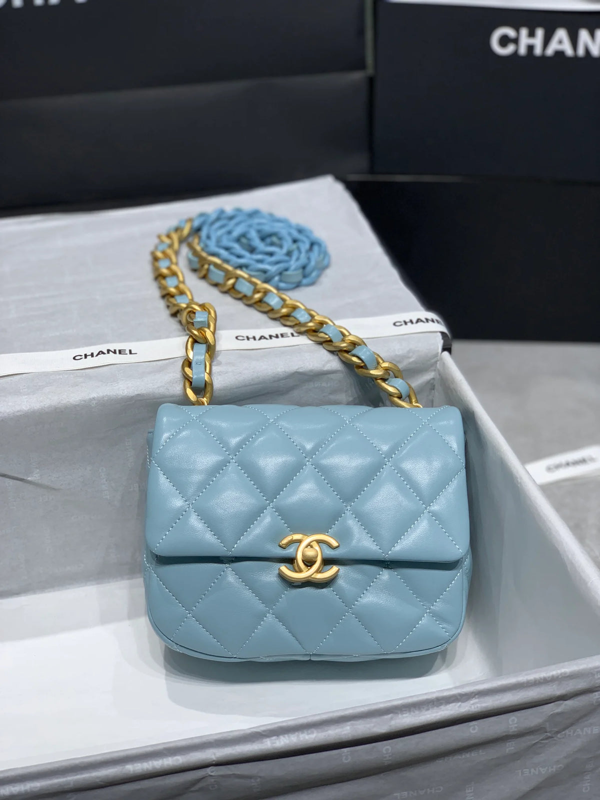 Mini Flap Bag Gold-Tone Metal Blue Bag L921