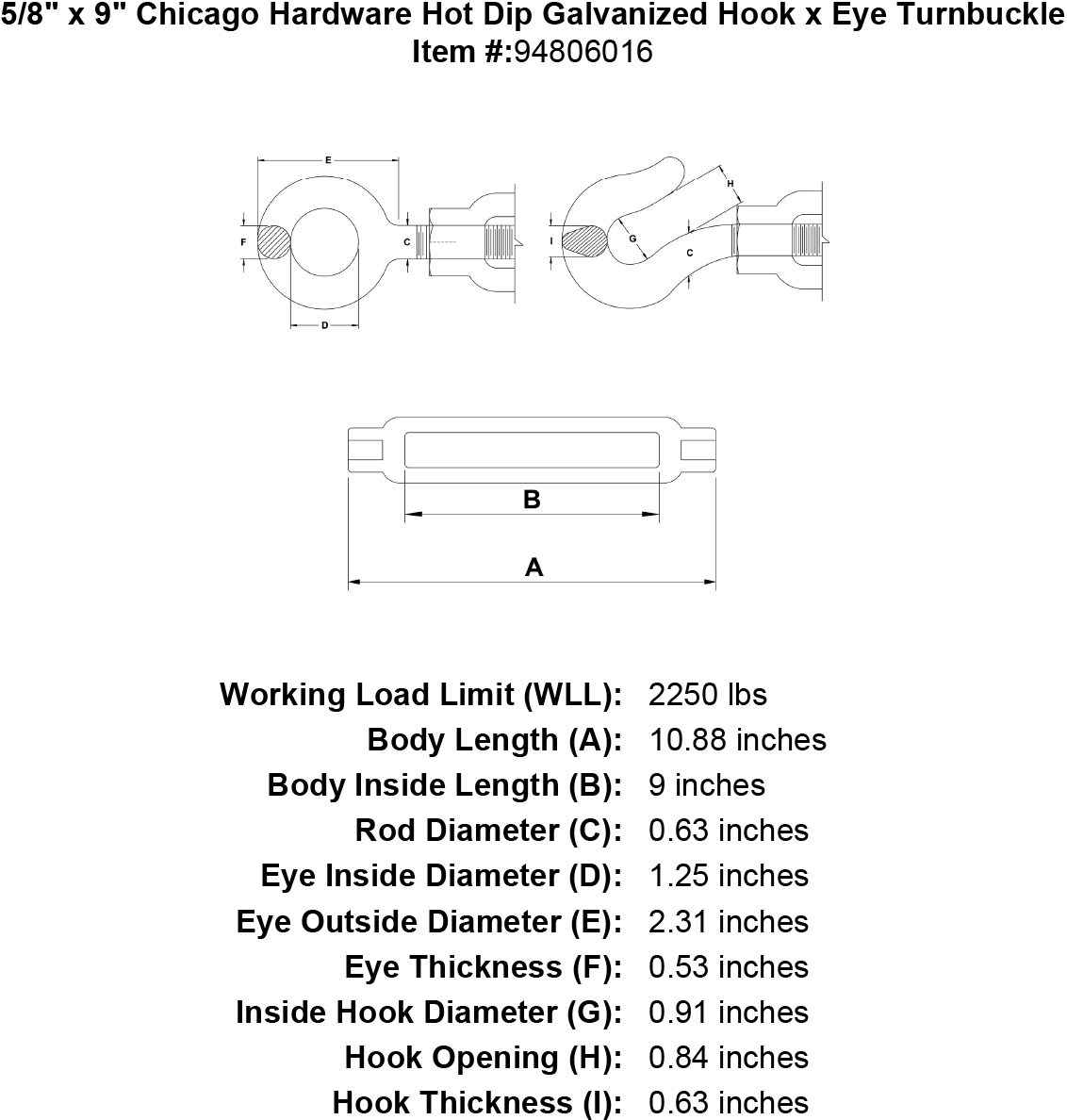 5/8 x 9 Hot Dip Galvanized Hook x Eye Turnbuckle X720874