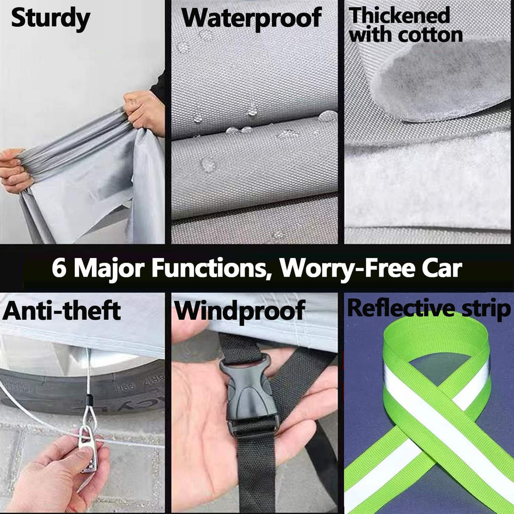 210D Oxford Waterproof Car Cover with Zipper Door, Reflective Strip, Windproof Straps T4157