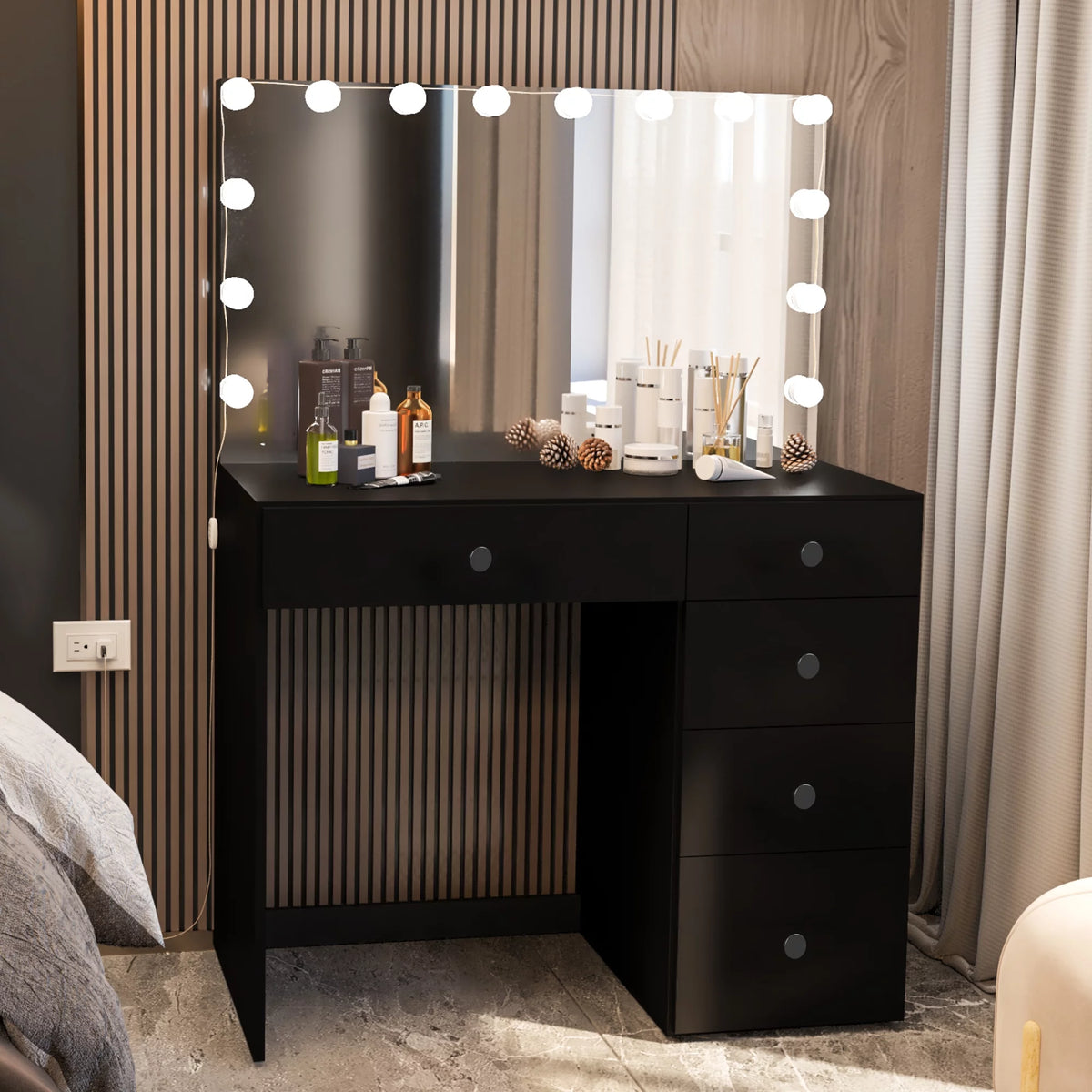 Black Makeup Vanity Table with 5 Drawers C7646