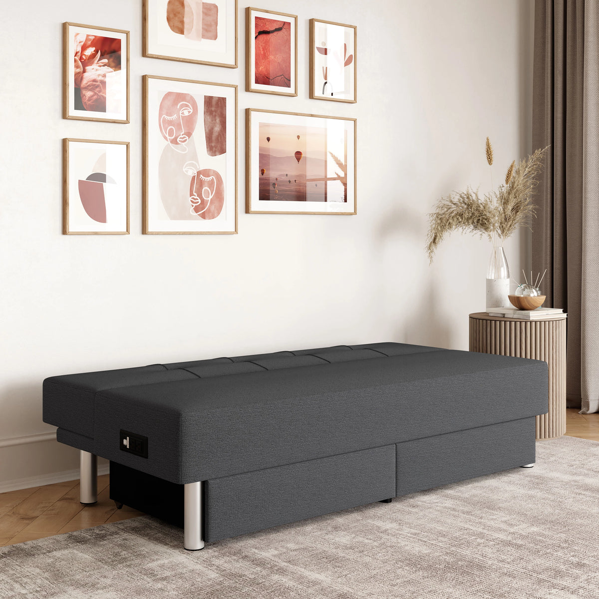 Gray Fabric Futon with Storage and Power E40535