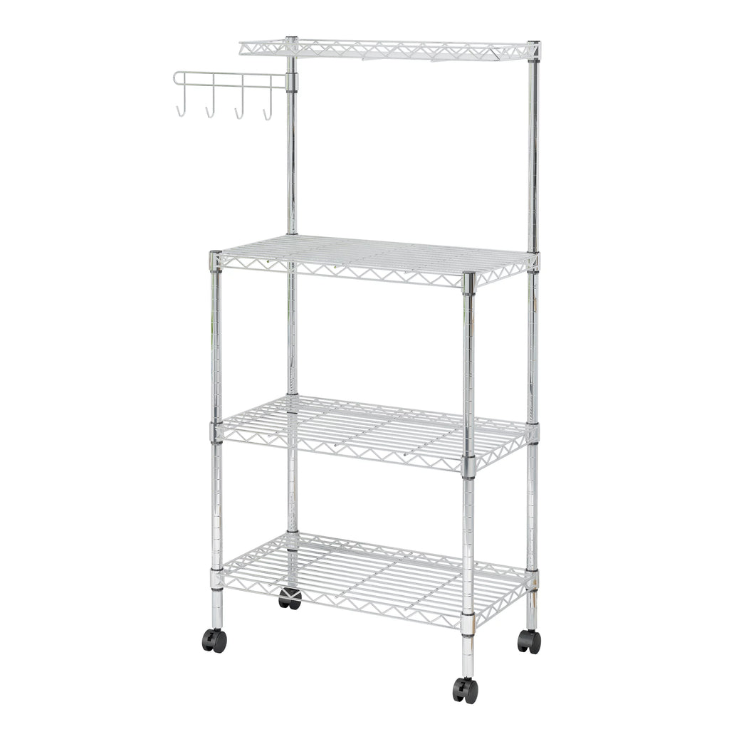 4-Tier Chrome Kitchen Storage Rack with Hanging Hooks U6796