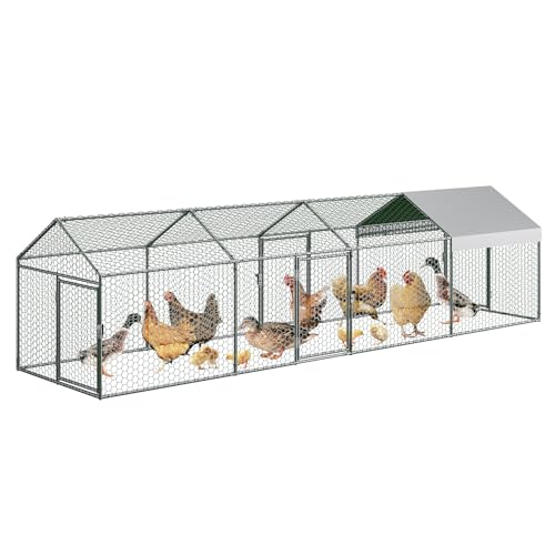 Metal Chicken Coop with Waterproof Cover, 120" x40" x40" Large Chicken Run with 3 Doors, Silver Z41843