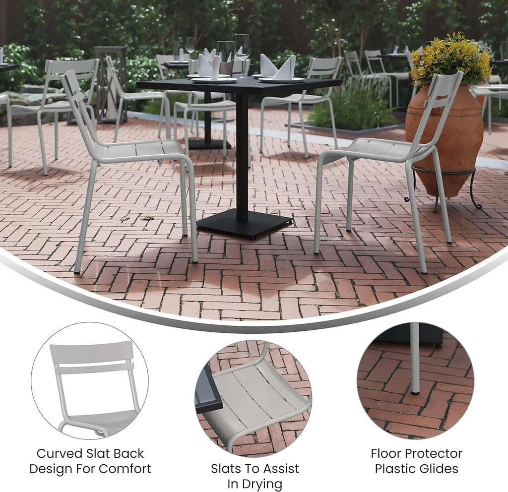 Steel Stack Chair, Indoor-Outdoor Armless Chair With 2 Slat Back In Silver, Set Of 2 J152