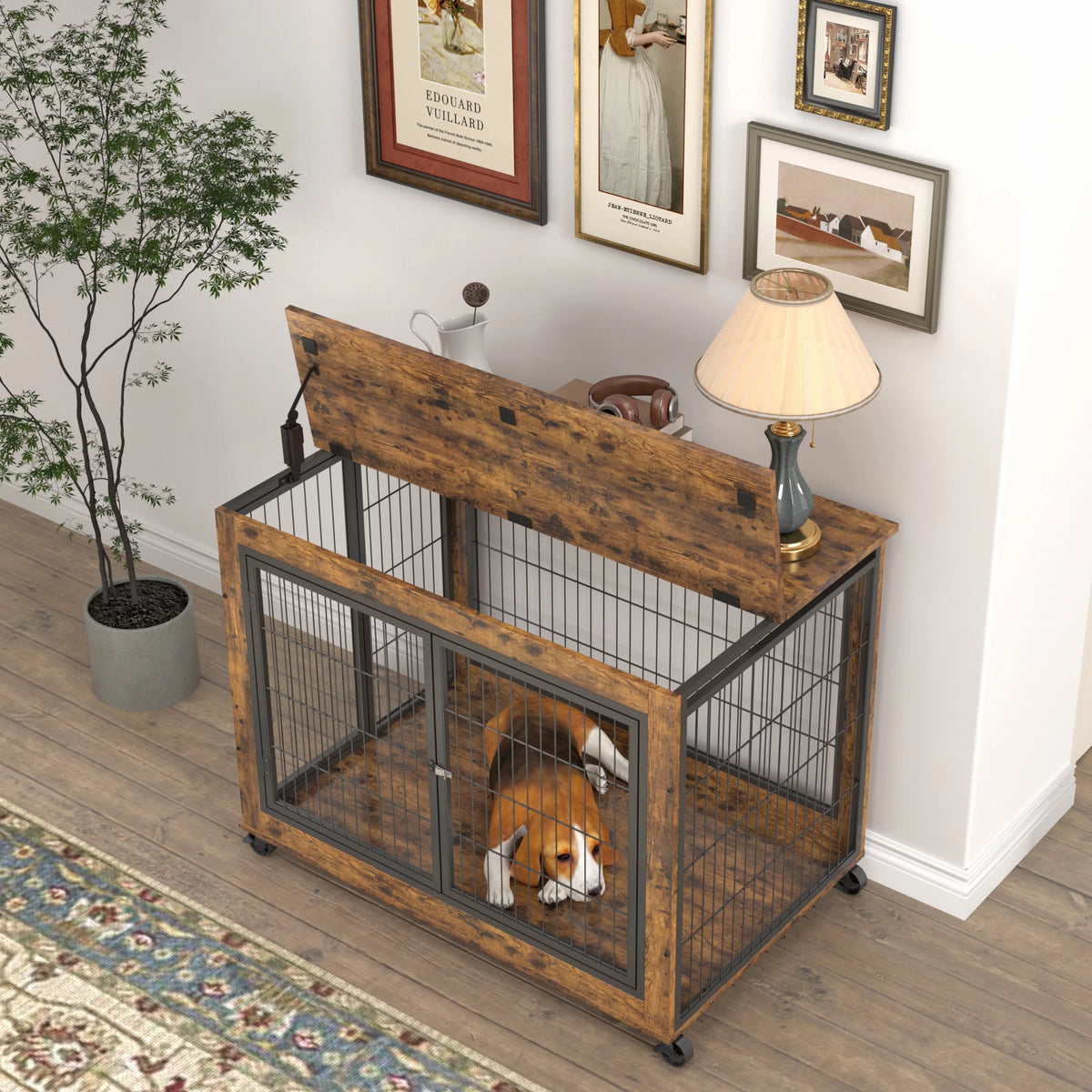 Wooden Dog Crate with Double Doors and Lift Top B13092