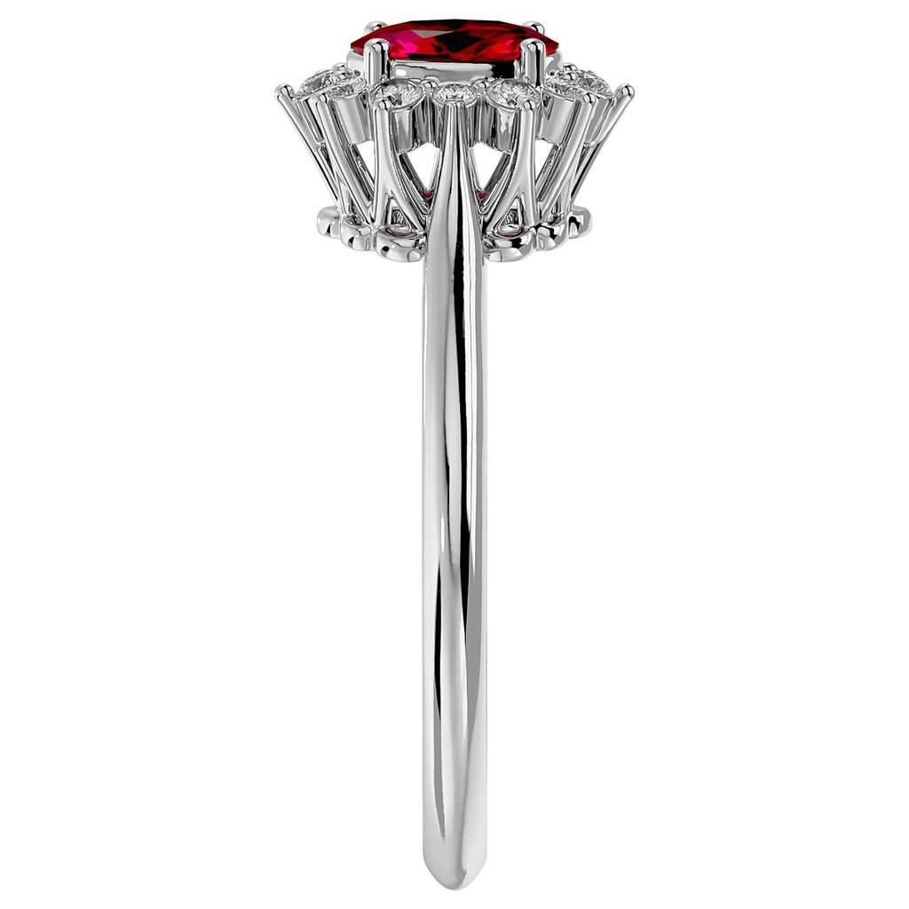Oval Shape Created Ruby and Halo Diamond Ring In Sterling Silver S9130
