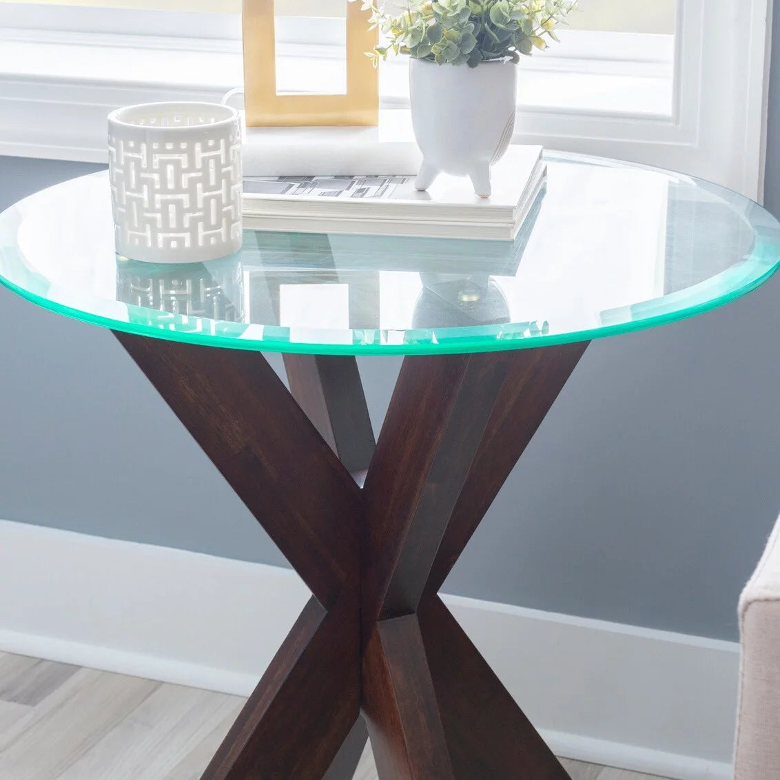 White Painted Glass Top Side Table Y2376