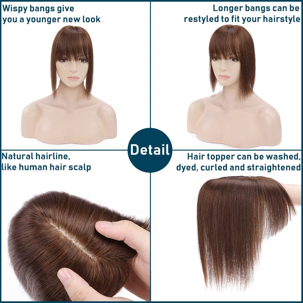 100% Real Human Hair Toppers with Bangs Silk Base 150% Density Clip in Topper 2.7”x5.1” Hair Pieces X66641