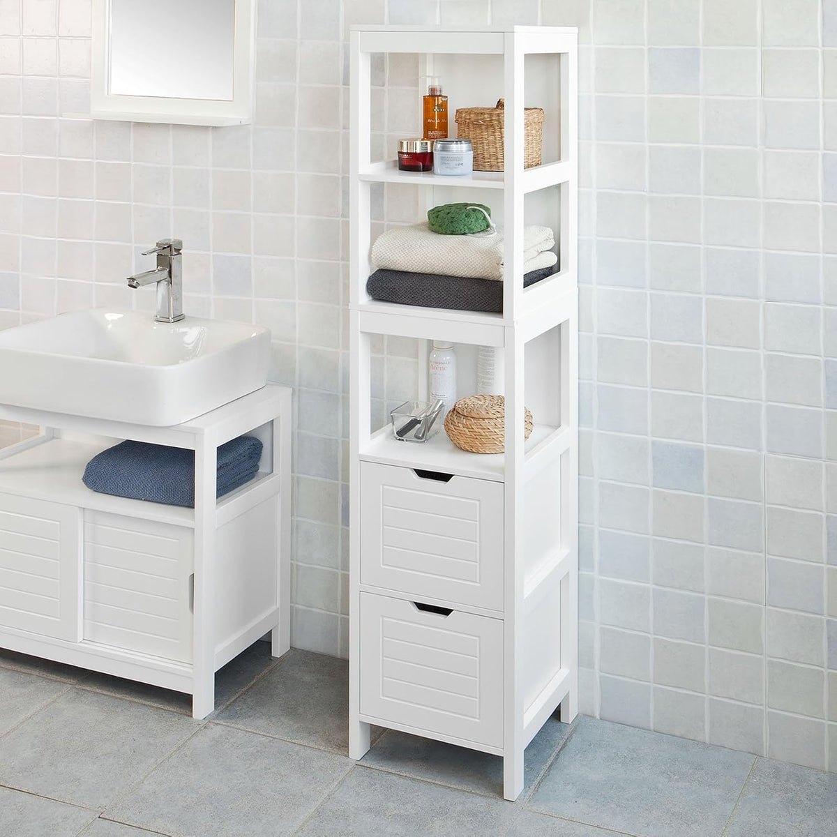 White Floor Standing Tall Bathroom Storage Cabinet with Shelves and Door J433306