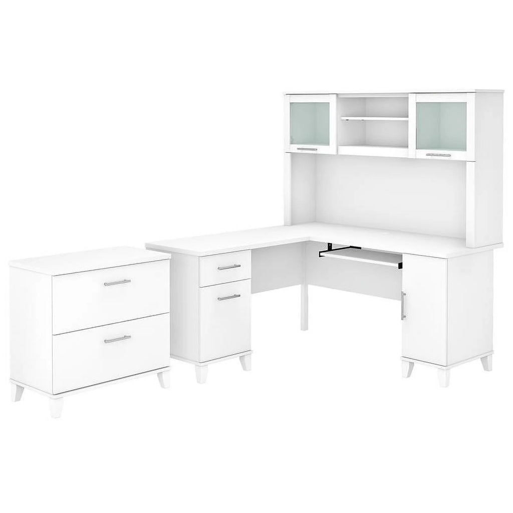 White L Shaped Desk with Hutch & File Cabinet A16681