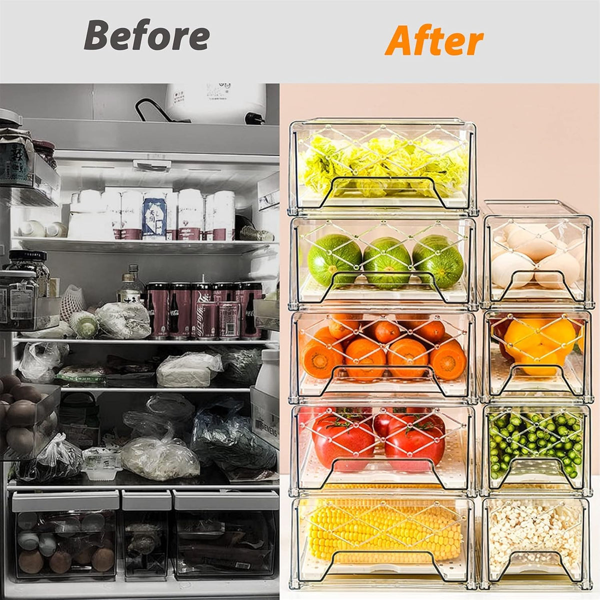 Plastic Stackable Fridge Organizer Bins with Removable Drain Tray, 2 Pack Y1597