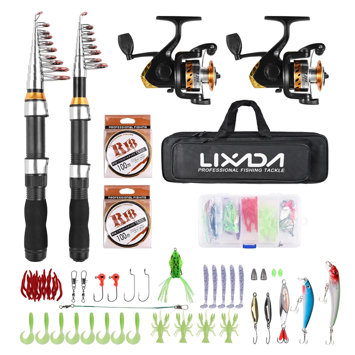 Spinning Rod Kit 2.1m Combo Set with Soft Lures and Rod Reel O978