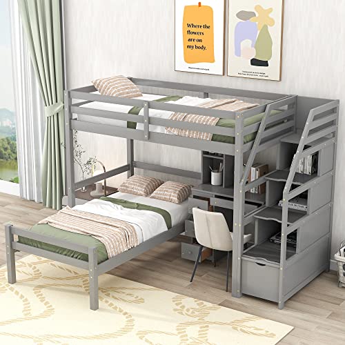 White Twin Over Twin Wood Bunk Bed with Trundle Y604