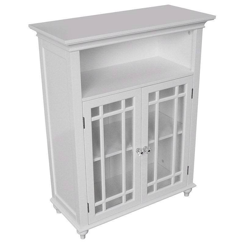 White Wood 2-Door Bathroom Floor Cabinet with Glass Paneled Doors H165524