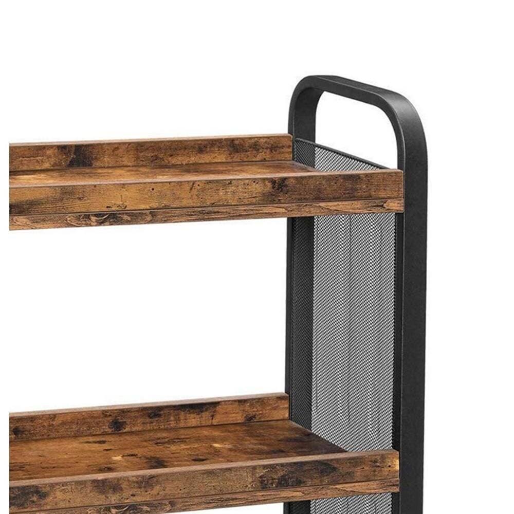 3 Tier Wood and Metal Kitchen Cart with Mesh Side Panel, Brown and Black Y75815