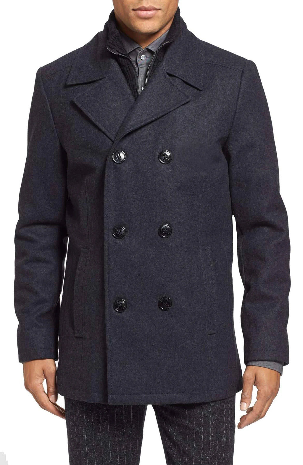 Blue Double Breasted Wool Blend Peacoat T1794