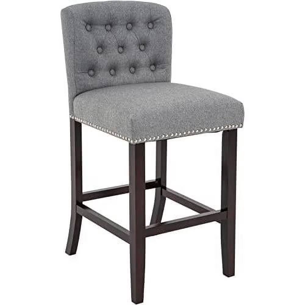 Linen Fabric Button Tufted Bar Stool with Back Solid Wood Legs D22451