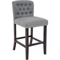 Linen Fabric Button Tufted Bar Stool with Back Solid Wood Legs D22451