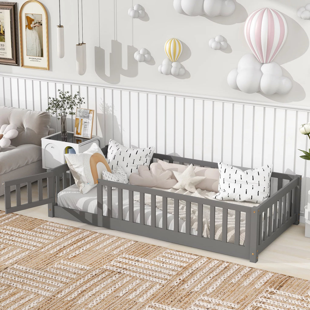 Twin Size Solid Wood Floor Platform Bed with Fence and Door X134