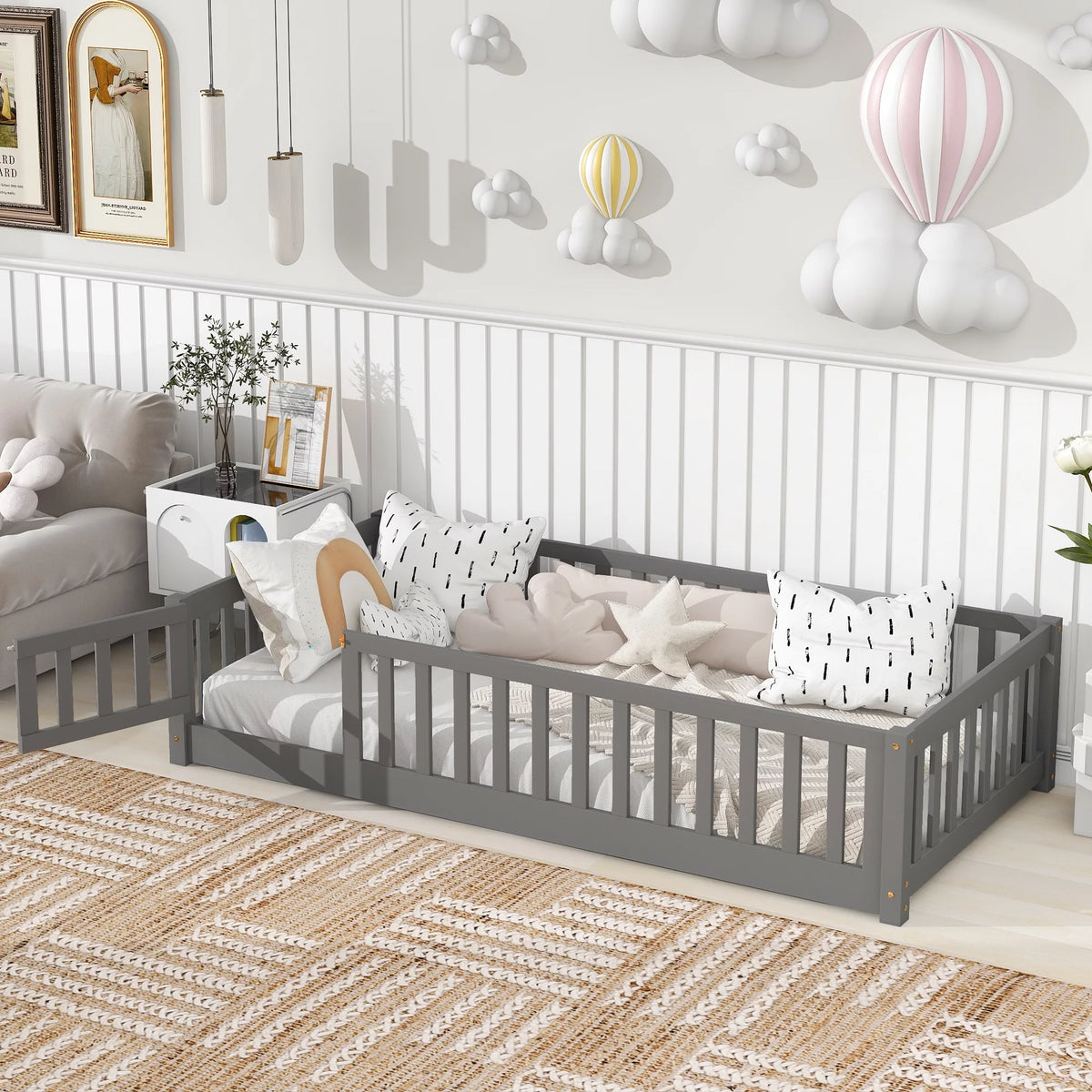Twin Size Solid Wood Floor Platform Bed with Fence and Door X134
