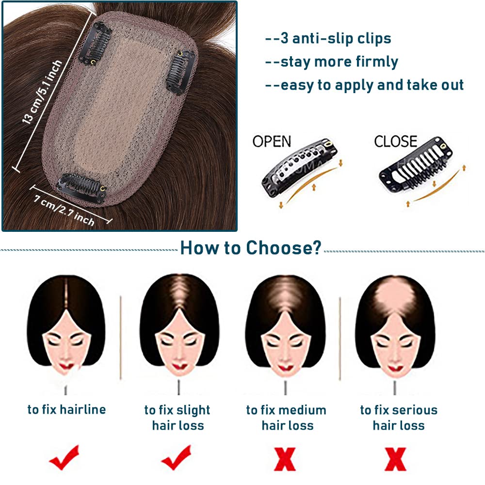 100% Real Human Hair Toppers with Bangs Silk Base 150% Density Clip in Topper 2.7”x5.1” Hair Pieces X66641