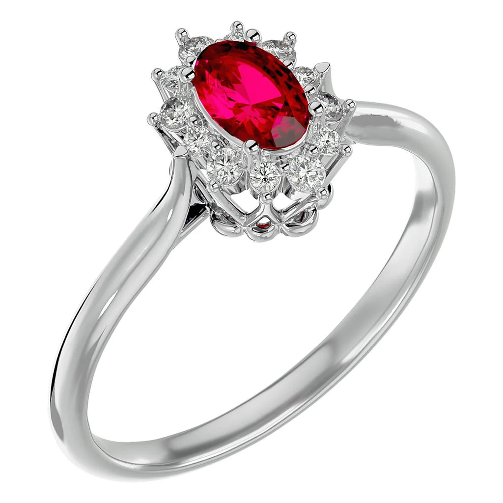 Oval Shape Created Ruby and Halo Diamond Ring In Sterling Silver S9130