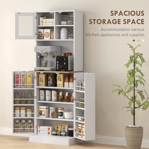 White Kitchen Pantry Cabinet with Microwave Shelf and 8 Door Storage J6451
