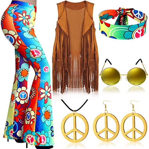 7 Pcs Hippie Costume Set with Flared Pants Fringe Vest Peace Sign Accessories G824636