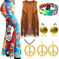 7 Pcs Hippie Costume Set with Flared Pants Fringe Vest Peace Sign Accessories G824636