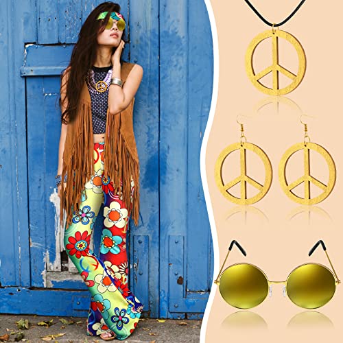 7 Pcs Hippie Costume Set with Flared Pants Fringe Vest Peace Sign Accessories G824636