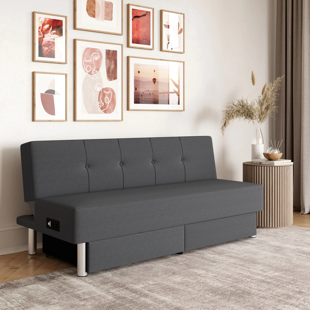 Gray Fabric Futon with Storage and Power E40535