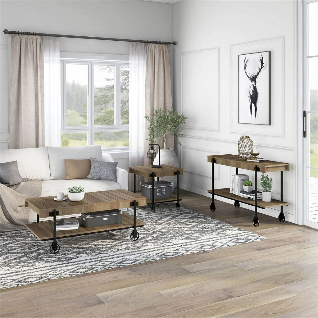 Rustic Oak 3-Piece Coffee Table Set with Wheels T417