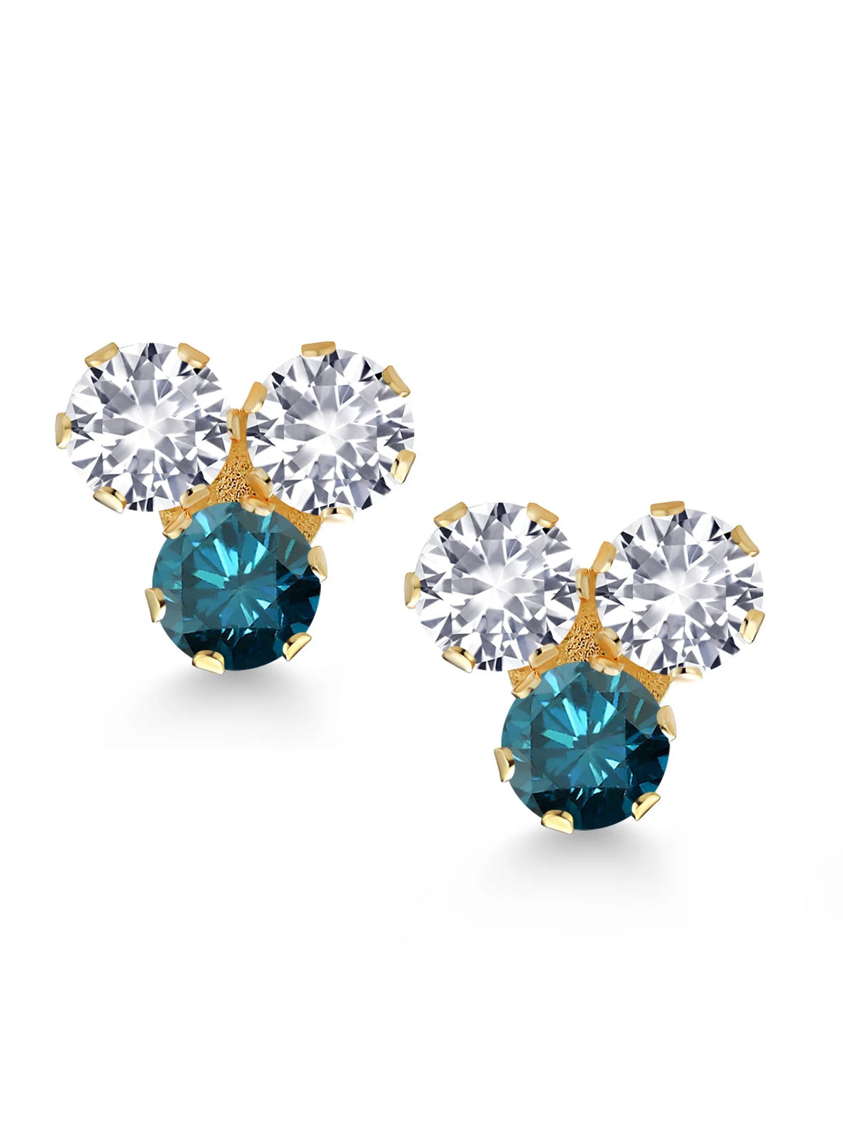 14K Yellow Gold White Created Sapphire and Blue Diamond Three Stone Stud Earrings M779896