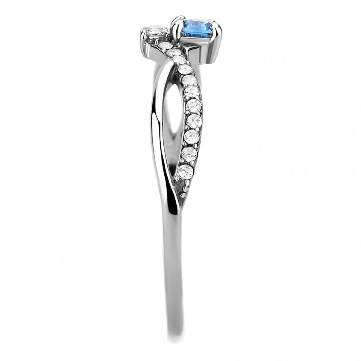 Stainless Steel Pave Engagement Ring with Sea Blue - Size 5 I8734