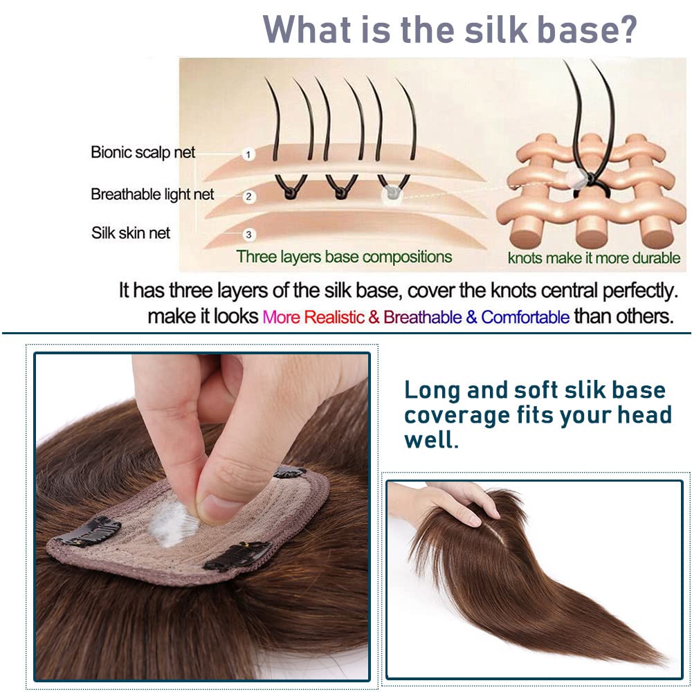 100% Real Human Hair Toppers with Bangs Silk Base 150% Density Clip in Topper 2.7”x5.1” Hair Pieces X66641