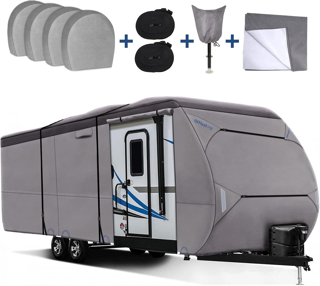 Upgraded Waterproof 500D Travel Trailer Cover with 4 Tire Covers, Tongue Jack Cover F98600