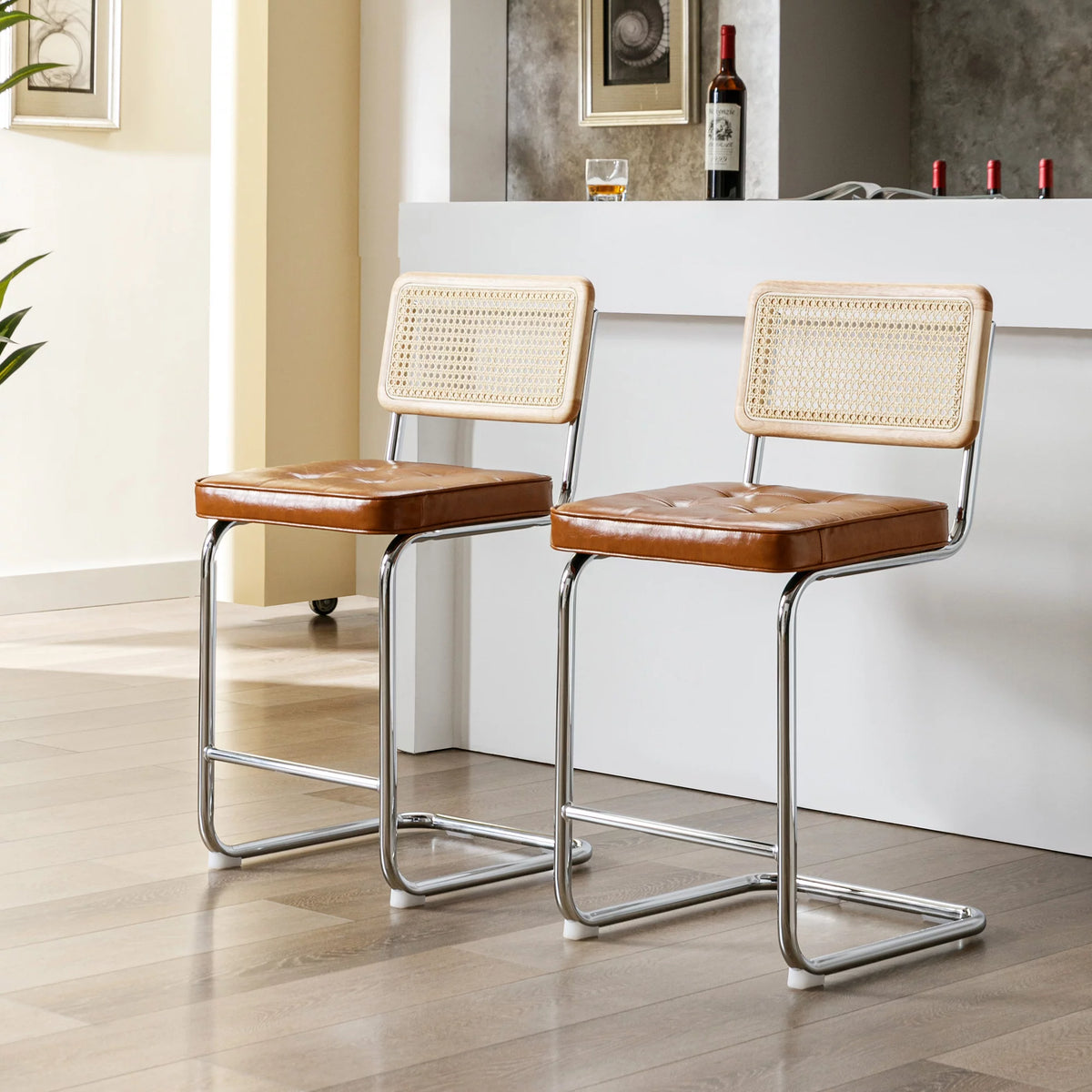 23.6 Inch Rattan Upholstered Bar Stools Set of 2 W2810