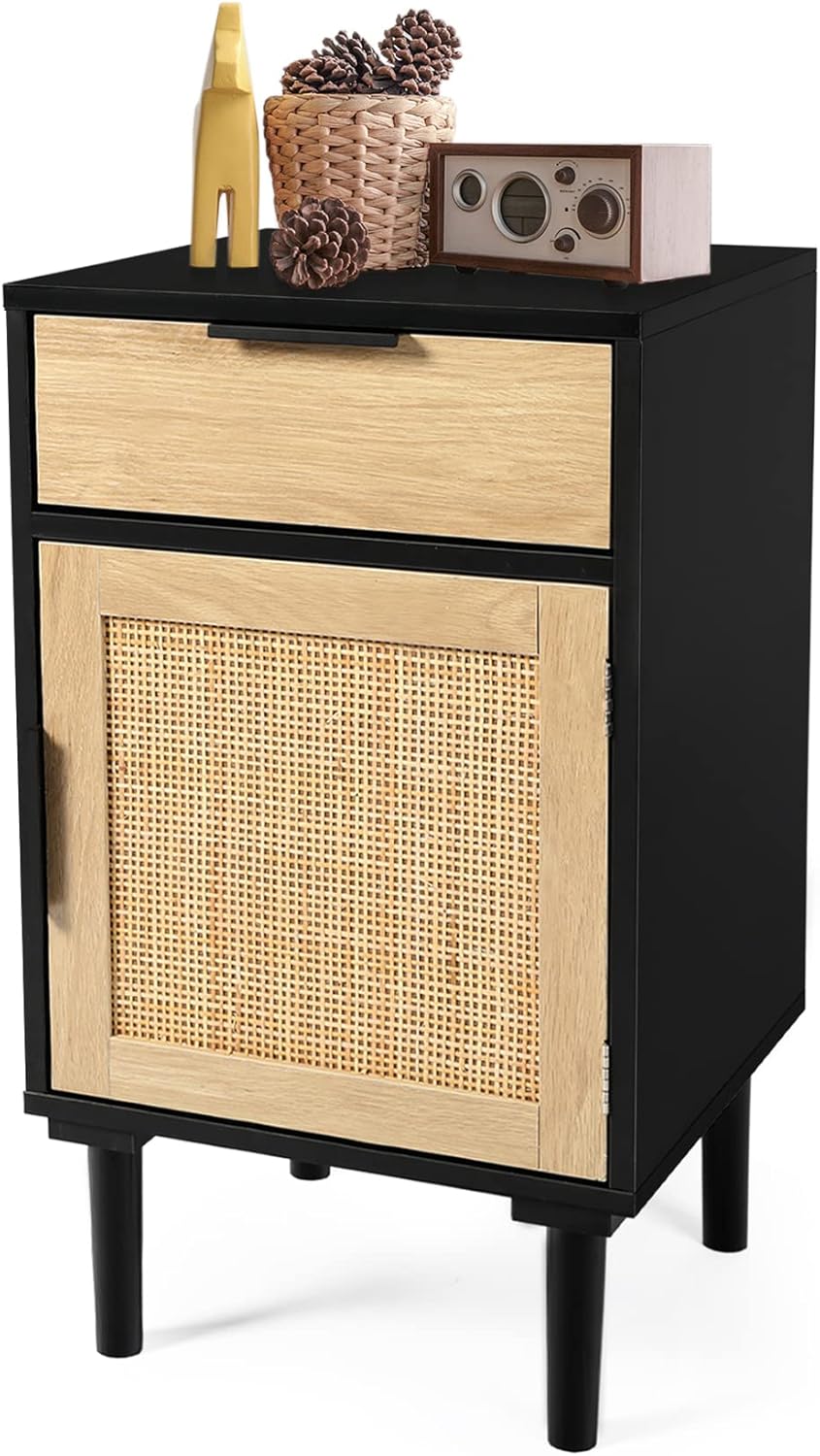Modern Night Stand with Rattan Cabinet Door and Drawer P1339