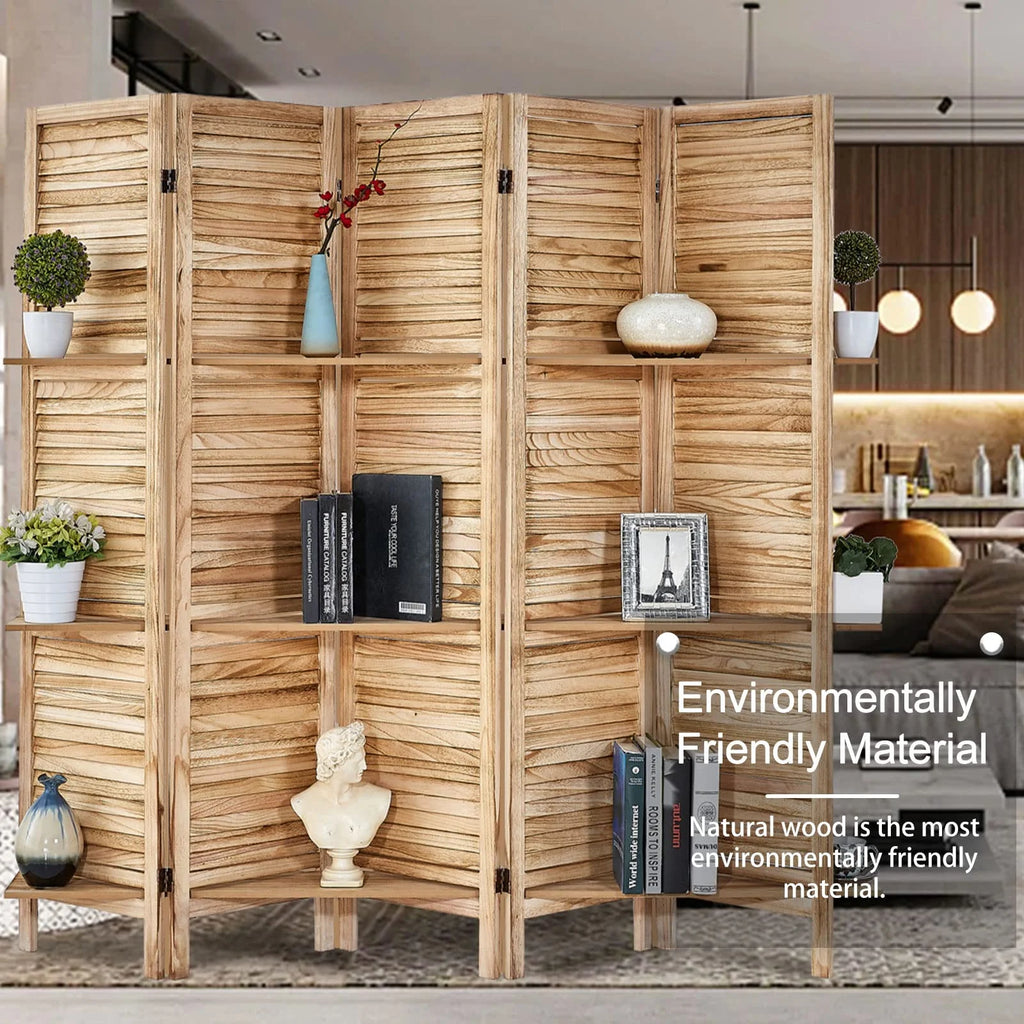 5 Panel Wood Folding Room Divider with Shelves A20847