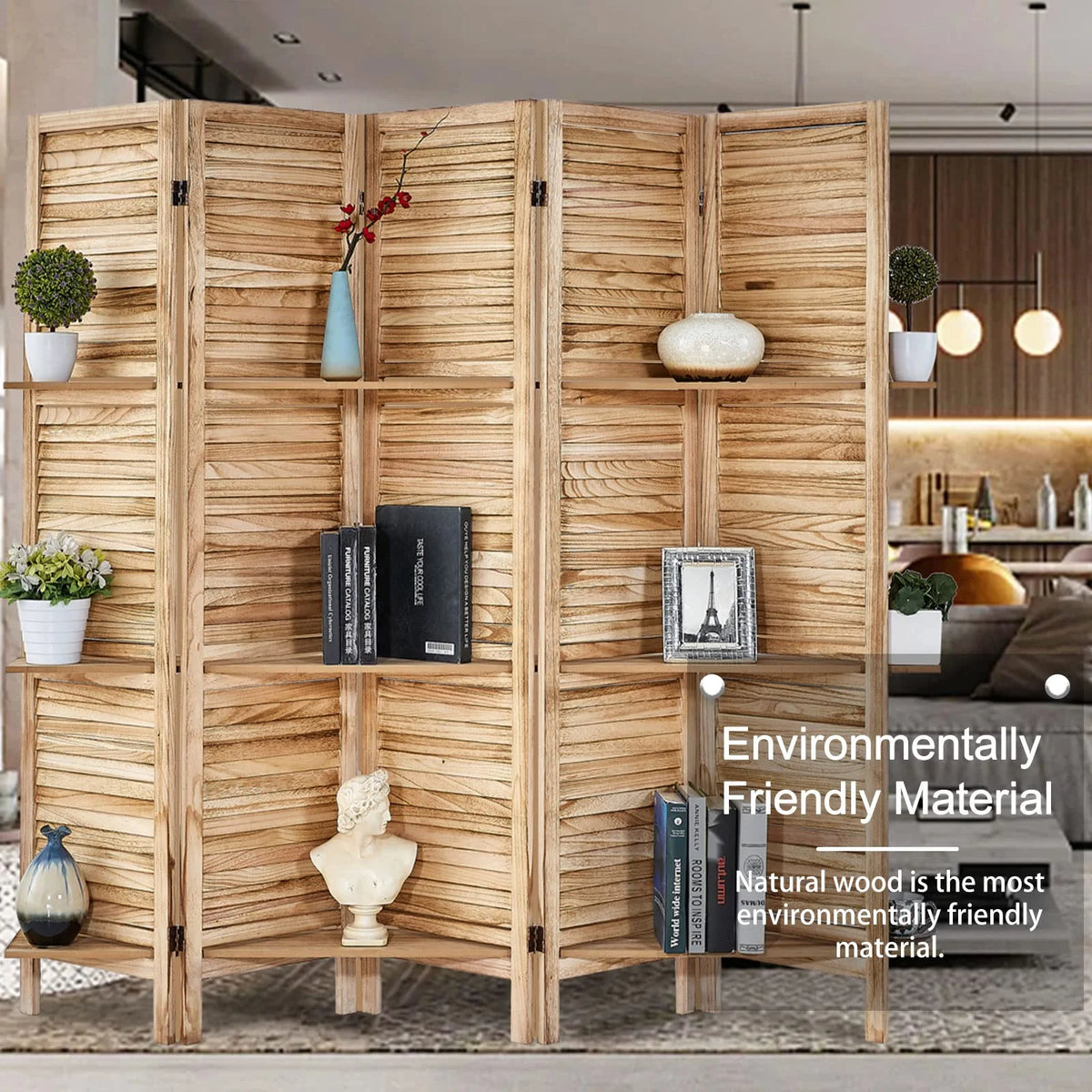 5 Panel Wood Folding Room Divider with Shelves A20847