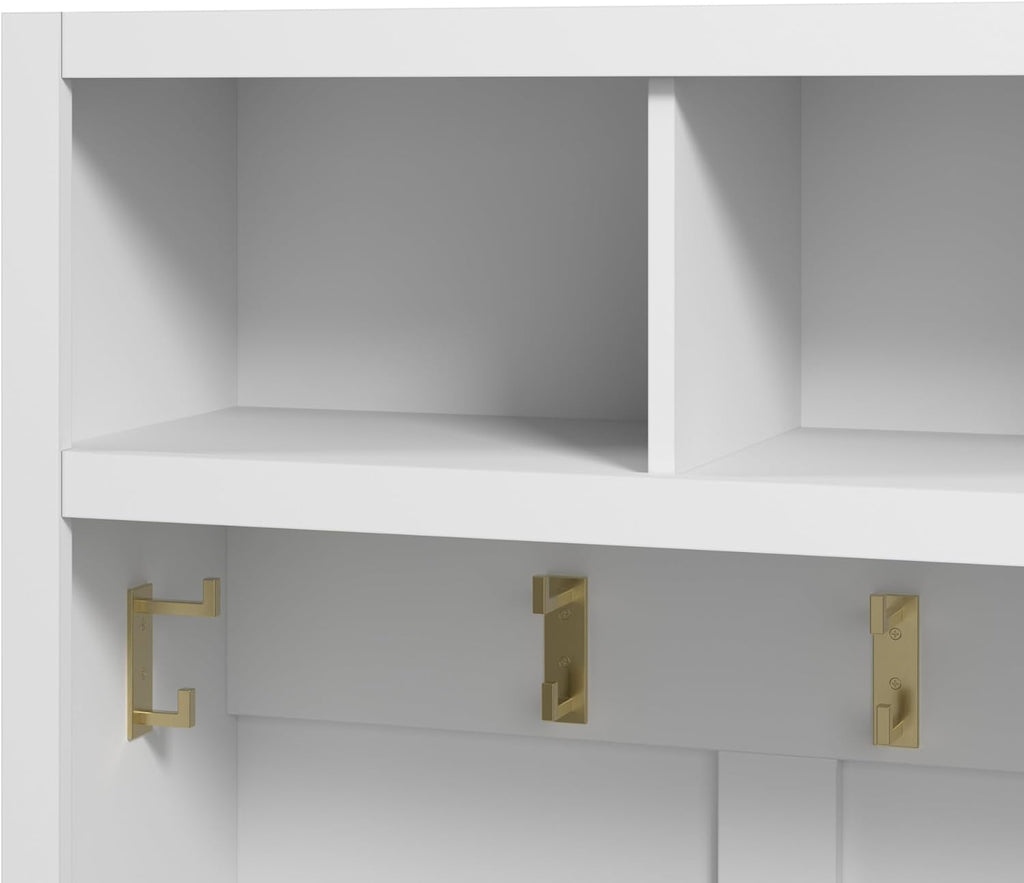 White Full Entryway Storage Set with Coat Rack and Shoe Benches M7905