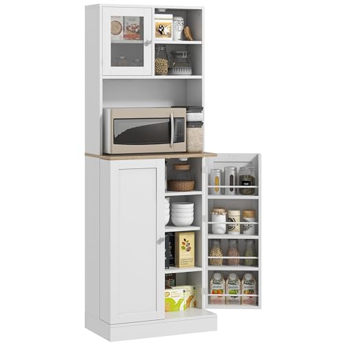 White Kitchen Pantry Cabinet with Microwave Shelf and 8 Door Storage J6451